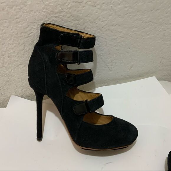 New L.A.M.B Heels Platform Strappy Buckles Suede Black Gwen Stefani New - Picture 1 of 15